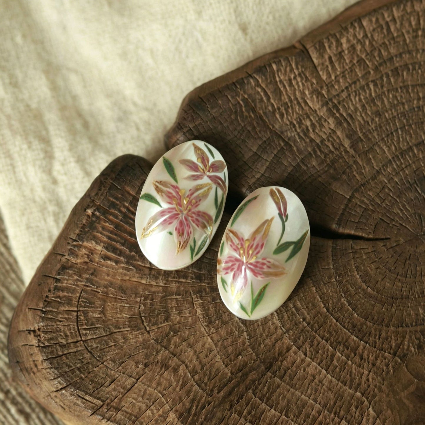 "Blushing Lily" – Hand-Painted Mother-of-Pearl Oval Earrings