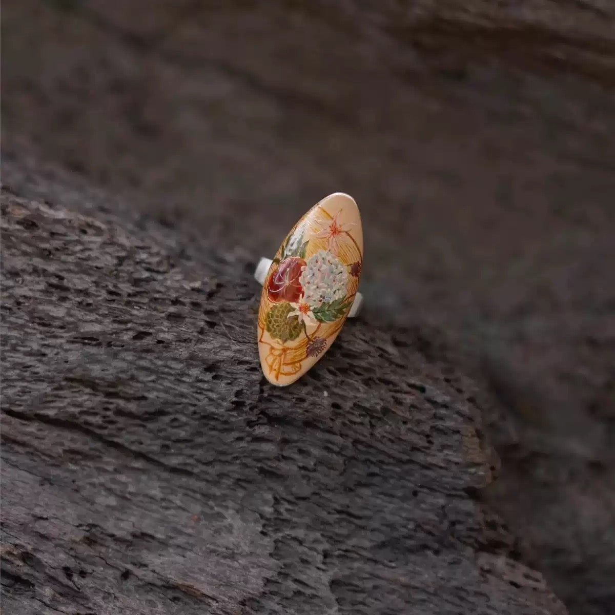 "Autumn Tapestry" – Hand-Painted Botanical Mother-of-Pearl Marquise Ring
