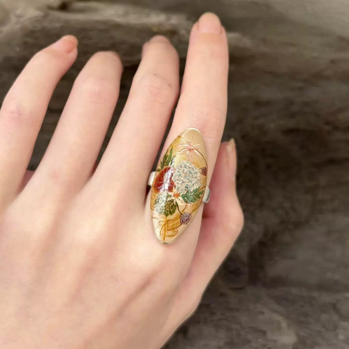 "Autumn Tapestry" – Hand-Painted Botanical Mother-of-Pearl Marquise Ring