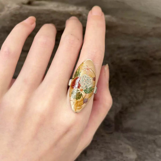 "Autumn Tapestry" – Hand-Painted Botanical Mother-of-Pearl Marquise Ring