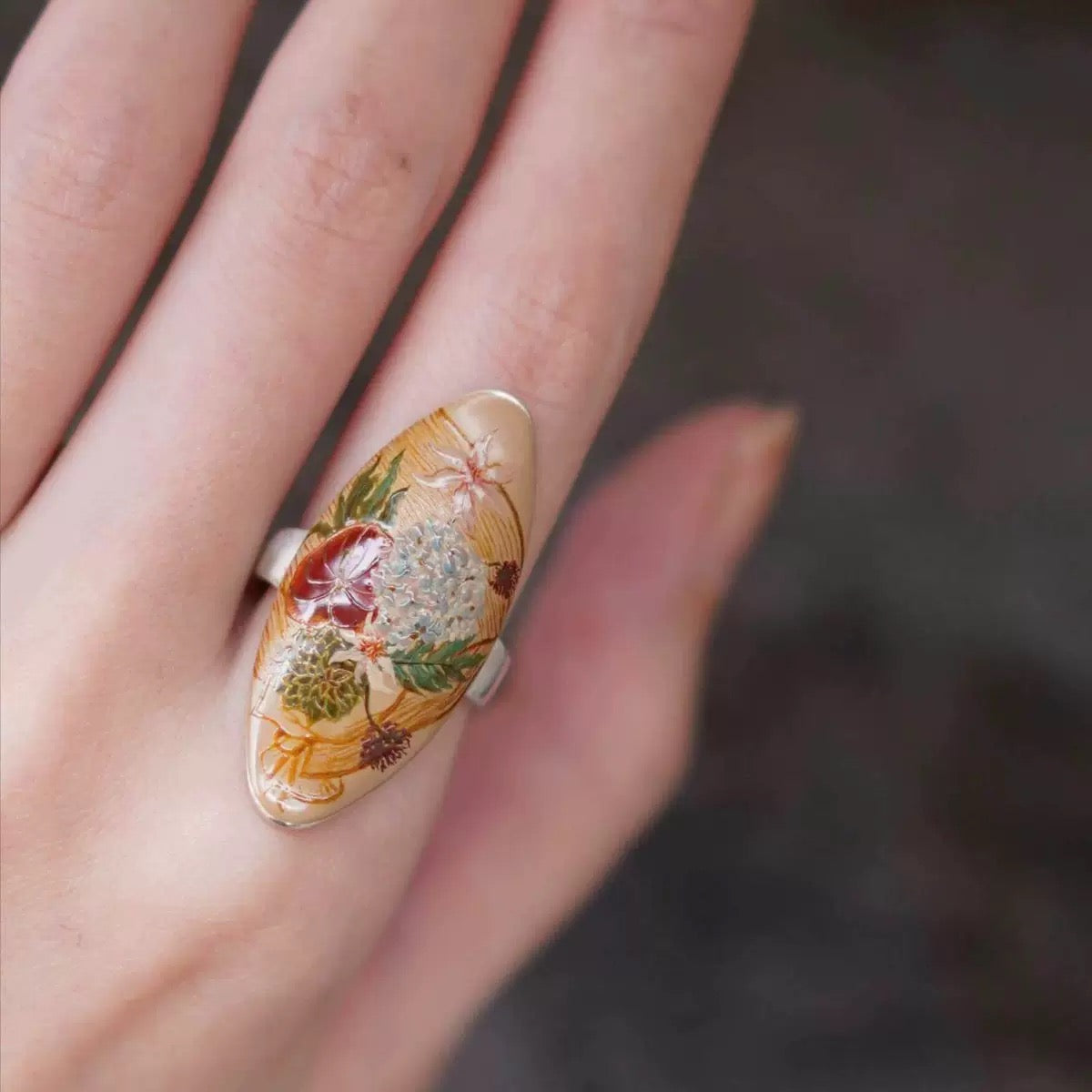 "Autumn Tapestry" – Hand-Painted Botanical Mother-of-Pearl Marquise Ring