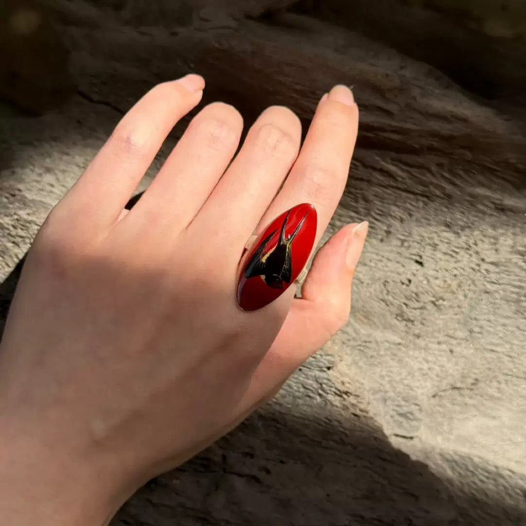 "Crimson Swallow" – Hand-Painted Red Lacquer Marquise Ring