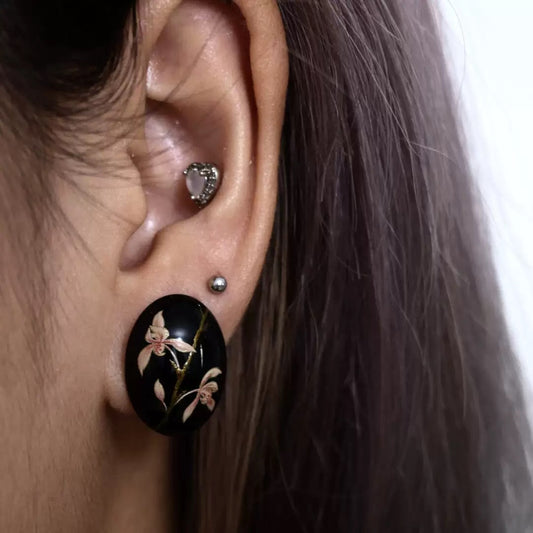 The Midnight Orchid Oval Enamel Earring