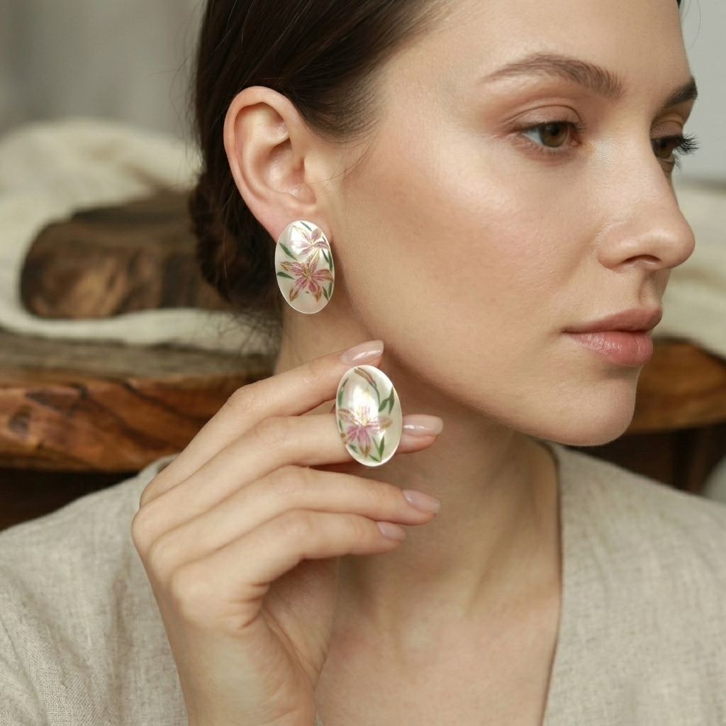 "Blushing Lily" – Hand-Painted Mother-of-Pearl Oval Earrings