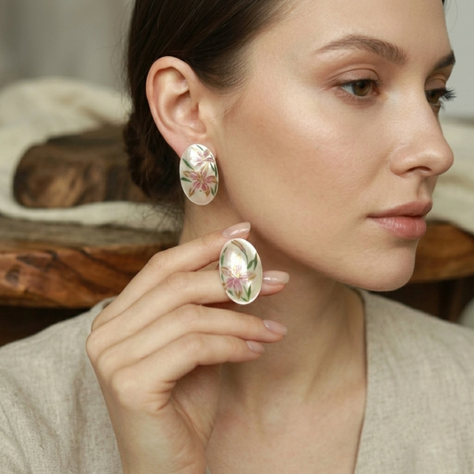 "Blushing Lily" – Hand-Painted Mother-of-Pearl Oval Earrings