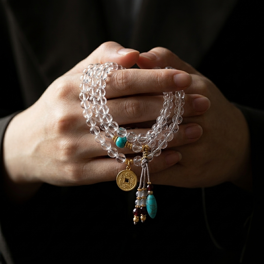 "Clear Mind & Zen" – Multi-Wrap Clear Quartz & Turquoise Mala Bracelet