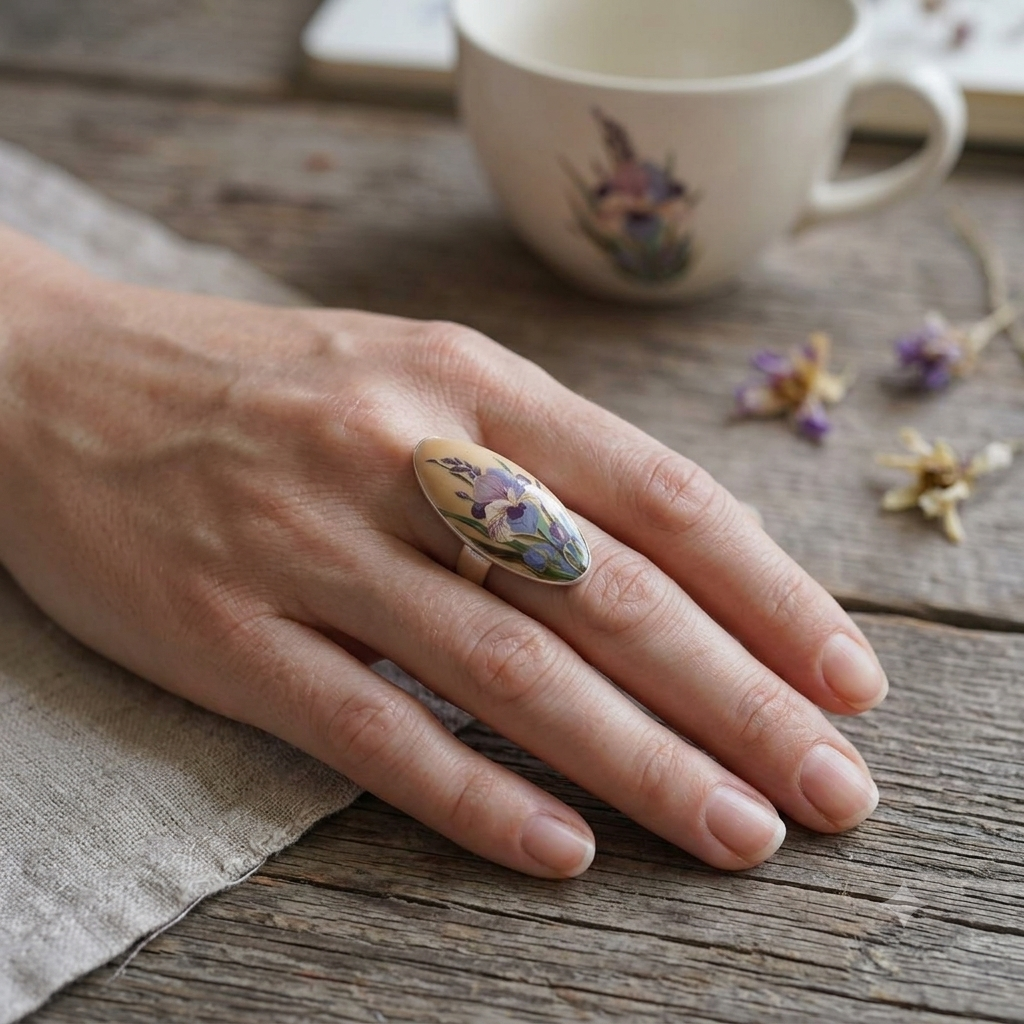 “Iris Whisper" – Hand-Painted Mother-of-Pearl Oval Statement Ring